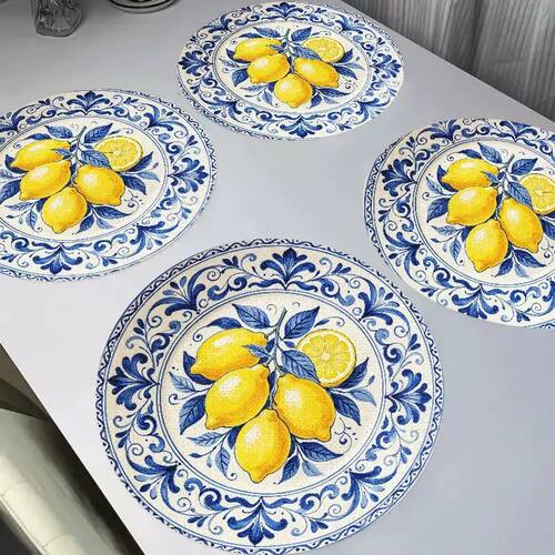 Mediterranean Blue Lemon Floral Round Placemats Vintage Tile