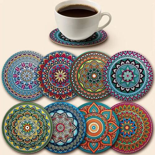 8Pcs Wooden Mandala Coasters, Heat Resistant Cup Mats for Ho