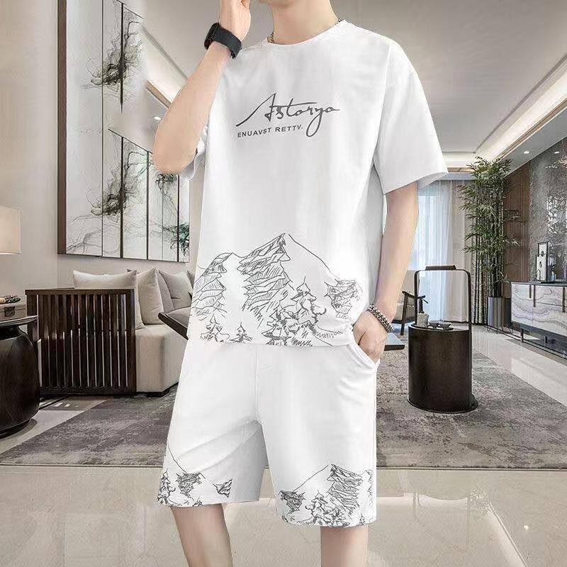 休闲套装男款夏季潮牌冰丝短袖t恤短裤两件装运动宽松穿搭一整套