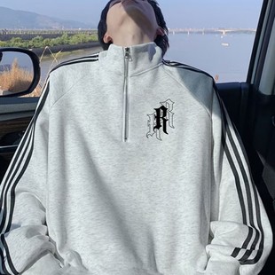 三杆卫衣男款秋冬季重磅立领加绒长袖韩版潮流青少年帅气美式外套