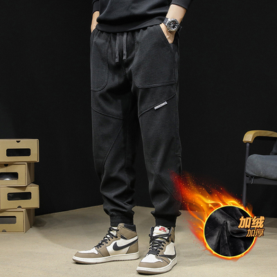 灯芯绒裤子男士休闲秋冬季加绒加厚工装宽松紧腰大码收口束脚卫裤
