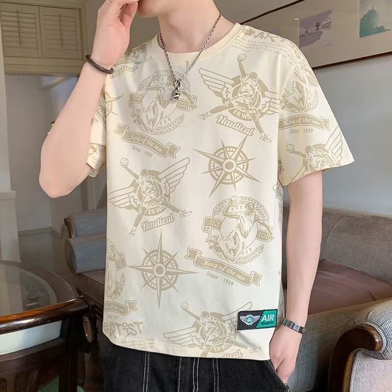 短袖t恤男夏季新款大码宽松满印运动休闲衣服冰丝薄款青年套头衫