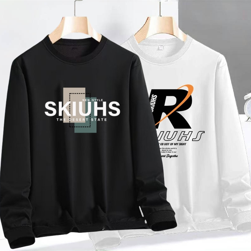 男士卫衣春秋季宽松休闲潮流印花打底衫百搭时尚白色男装t恤薄款