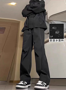 休闲长裤男工装潮牌秋冬季宽松美式机能风加绒加厚黑色三防冲锋裤
