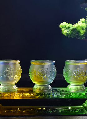 供佛仿琉璃贡财神酒杯三连套杯家用奉神酒杯水杯摆件莲花供杯