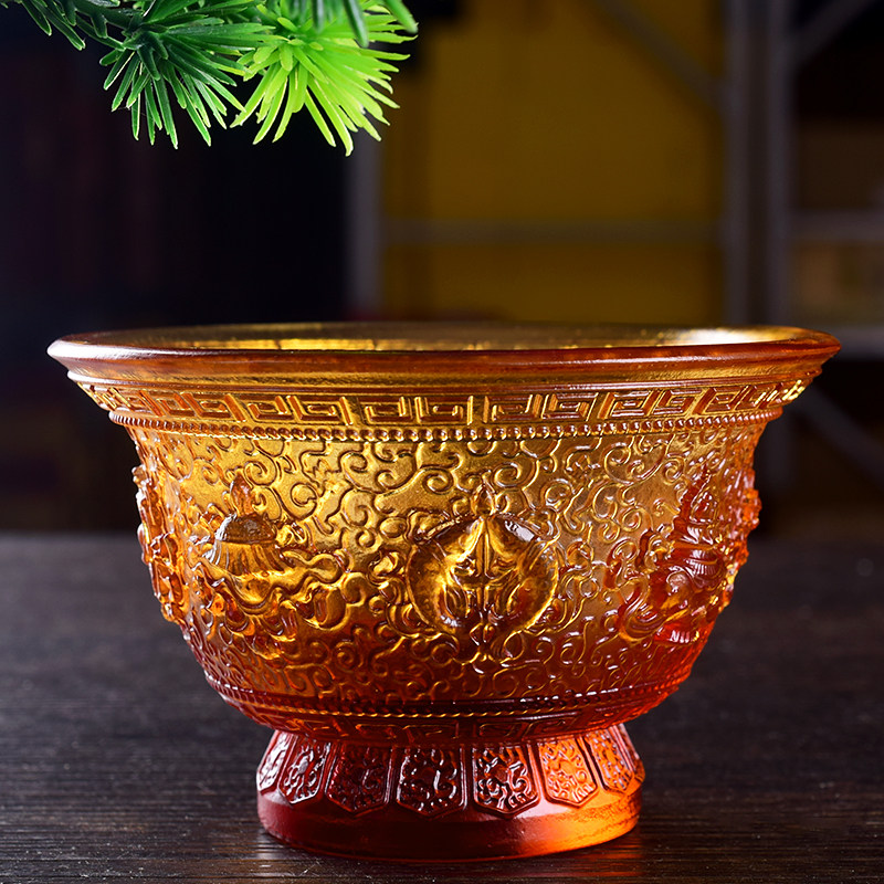供佛用品古法琉璃八吉祥贡碗琉璃圣水杯摆件佛堂家用供水碗包邮