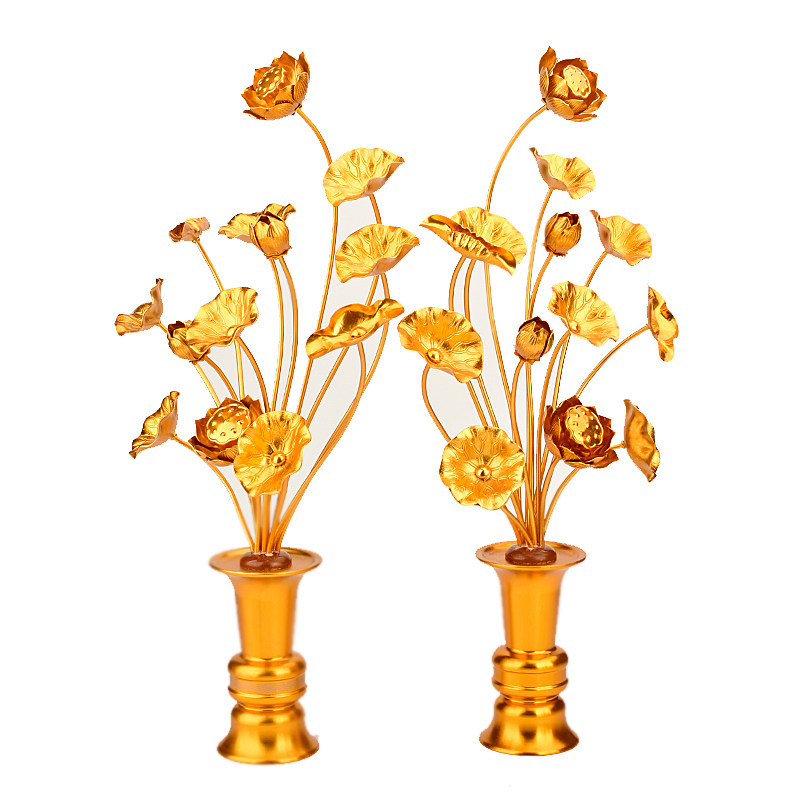 佛具鎏合金莲花花瓶供佛前金花用品金色莲花摆件家用莲花供瓶