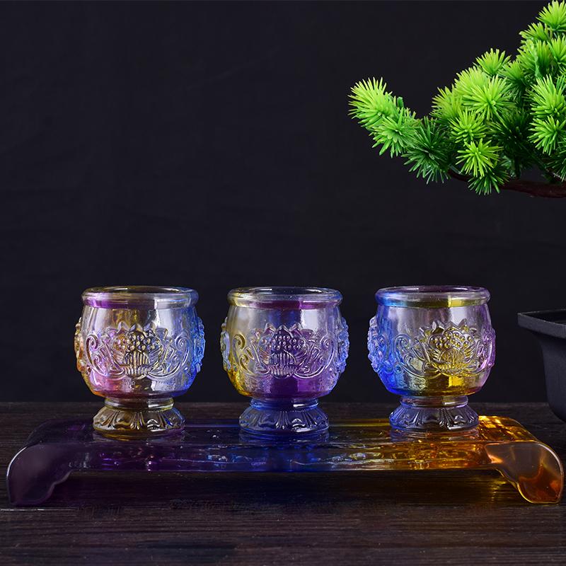 供佛七彩色圣水杯茶杯拜神贡财神酒杯一套三杯连座莲花水杯包邮