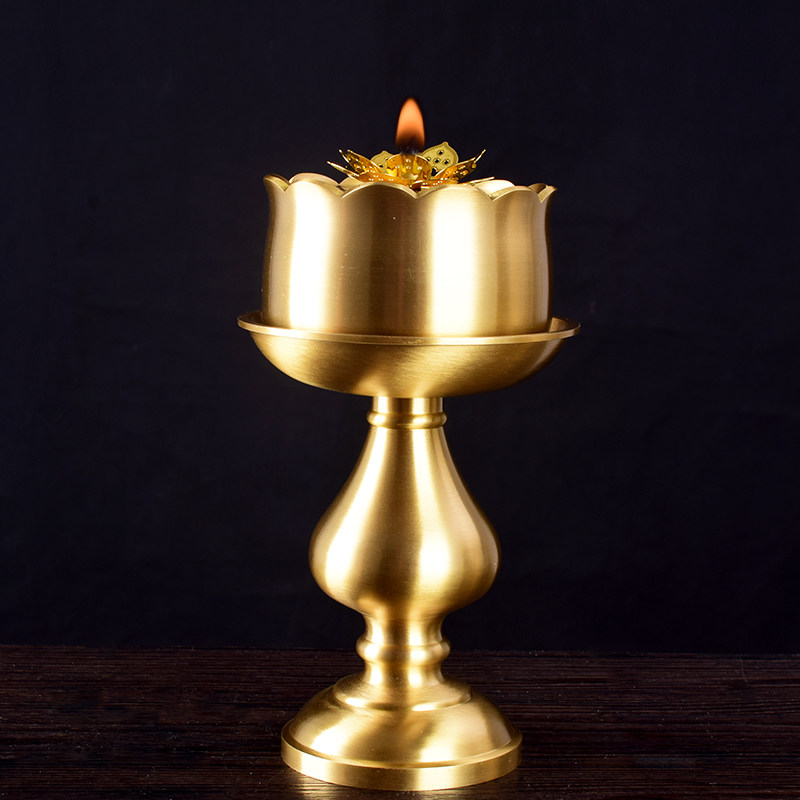 供佛铜碗高脚油灯黄铜供灯佛灯有盖铜液体长明灯贡灯佛堂家用烛台