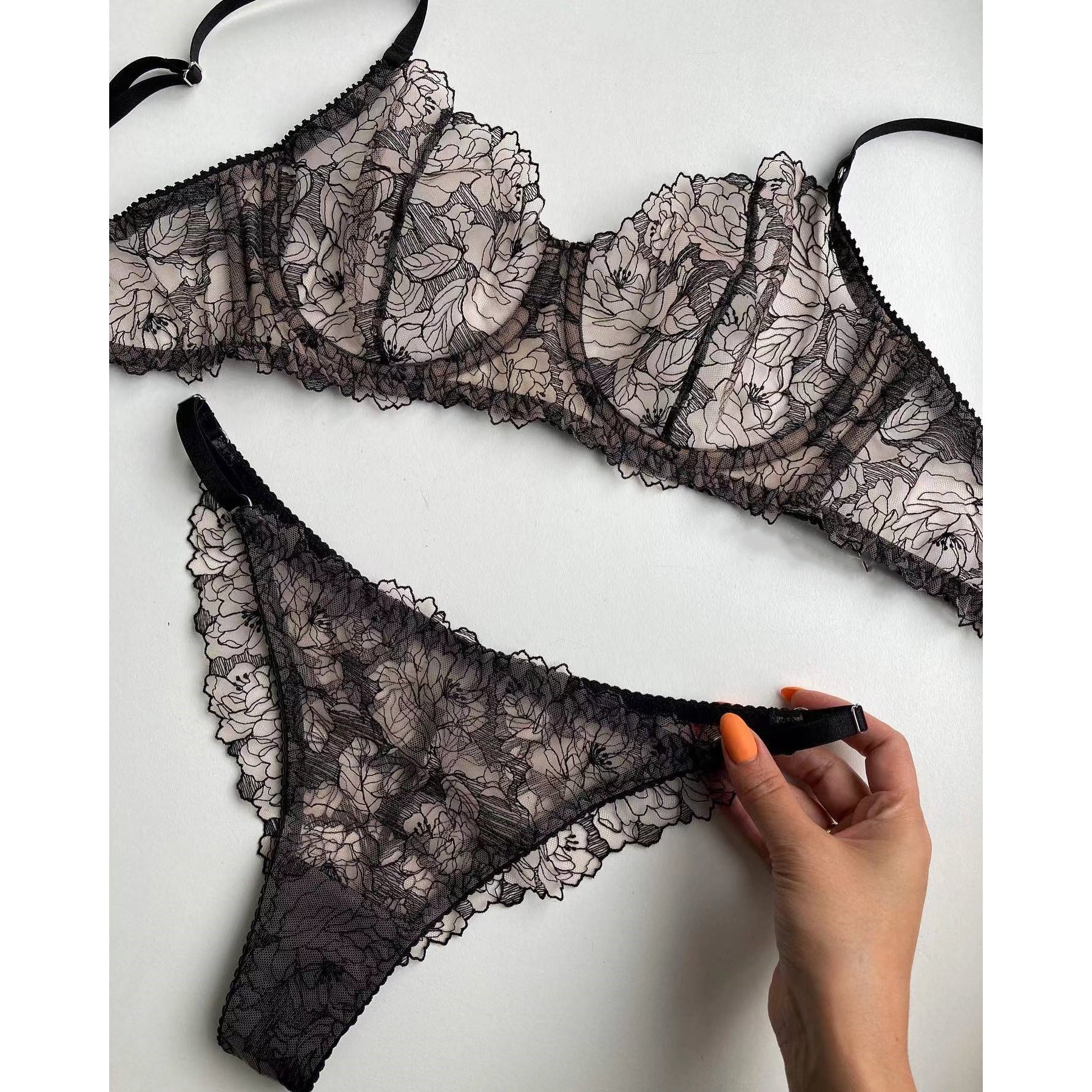 Perspective bra triangle pants underwear set带钢圈文胸三角裤