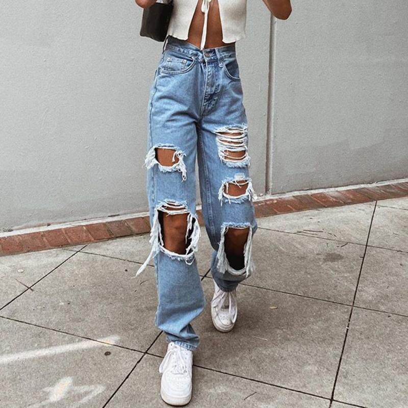 Women Button High Waist Hole Jeans Trouser Loose Denim Pant