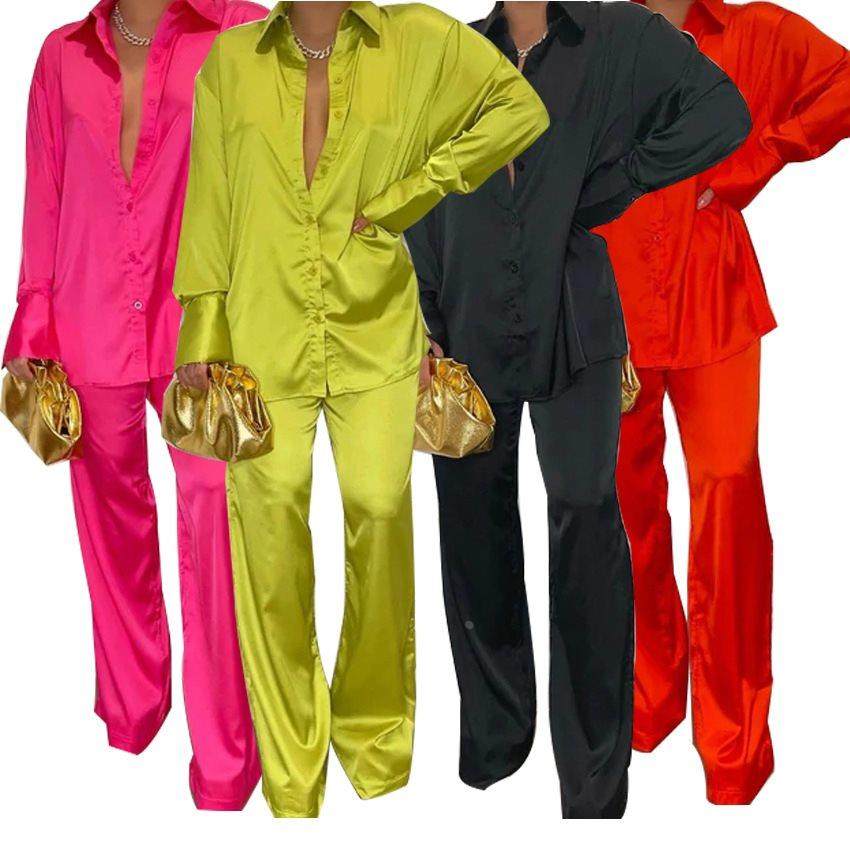 夏季亚马逊女装独立站wish时尚多色色丁宽松休闲欧美套装现货热卖