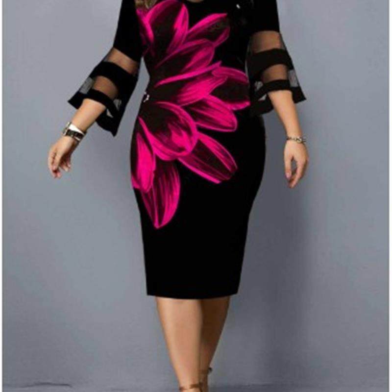 Big size Printed gauze stitching dress印花网纱拼接大码连衣裙