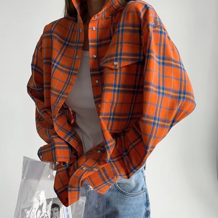 欧美风格纹宽松口袋翻领长袖衬衫Loose pocket plaid lapel shirt