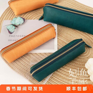 现货日本brelio真皮牛皮笔袋 裸色牛皮笔袋钢笔圆珠笔收纳