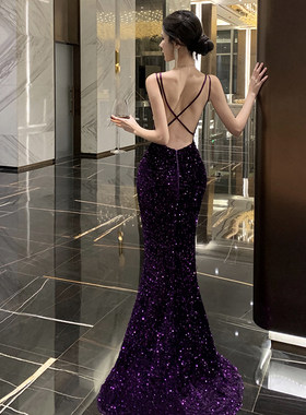 紫色拖尾连衣裙生日聚会礼服高定轻奢小众性感露背婚纱晨袍
