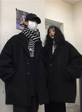 韩系赫本风黑色毛呢大衣男女秋冬款中长款外套高级感宽松休闲风衣