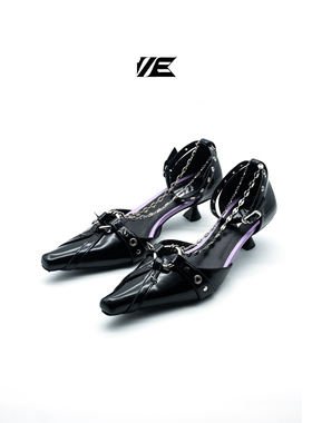 AZ43原创y2k辣妹小众尖头铆钉朋克链条性感紫色圆环猫跟女凉鞋