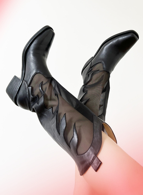 【安琪儿专享】AZ43原创西部牛仔网纱拼接火焰基础百搭黑色靴子女