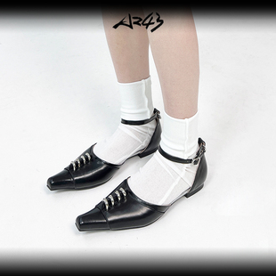 AZ43原创百搭黑色尖头y2k辣妹暗黑基础圆环拱桥五金装饰平底单鞋