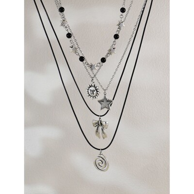 4pcs Gothic Silver Layered stainless steel Necklace Set, Bla