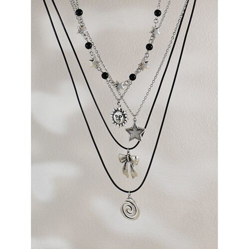 4pcs Gothic Silver Layered stainless steel Necklace Set, Bla