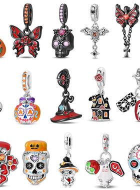 New Halloween Charms Beads 925 Silver Red Rose Black Butterf