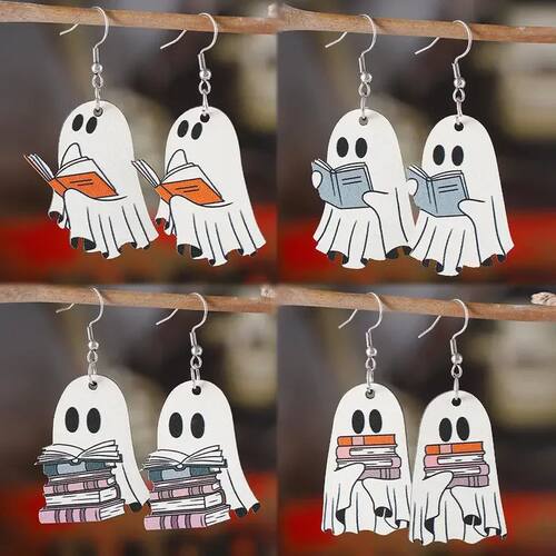 Charming Halloween Ghost & Book Dangle Earrings - Vintage Wo