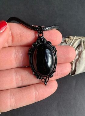 New Pitch Black Onyx Necklace Gothic Stone Witchy Jewelry Cl