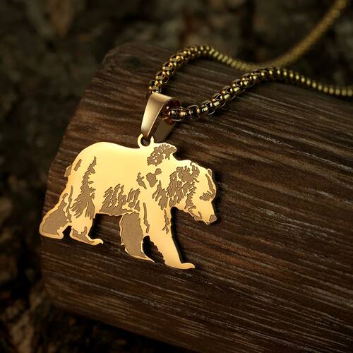 QIAMNI Stainless Steel Bear Pendant Necklace For Women Men C