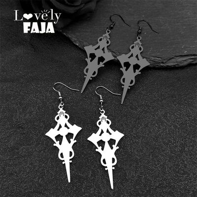 Stainless Steel Gothic Satan Cross Witch Big Hoop Earrings F