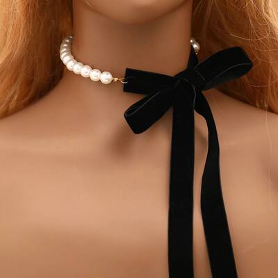 Punk Long Wide Black Velvet Ribbon Choker Bow Tie Simulated