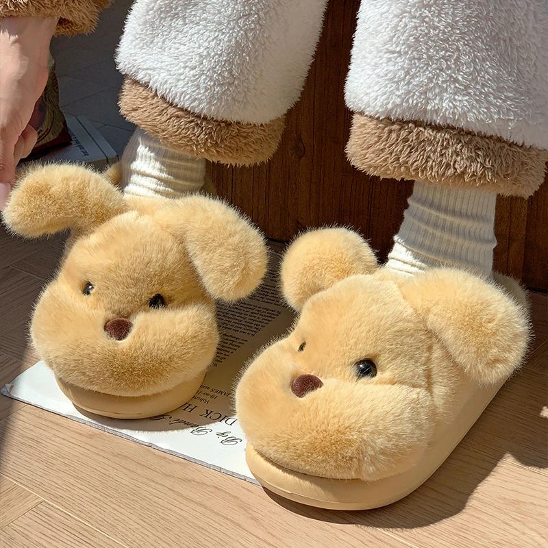 Cartoon Puppy Furry Cute Indoor Slippers Women Winter Fluffy