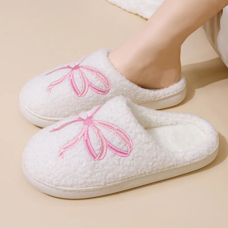 Pink Bowknot Embroidered Plush Slippers for Women Comfortabl