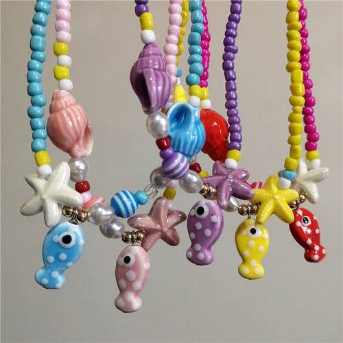 Summer Colorful Ceramic Fish Starfish Pendant Beaded Choker
