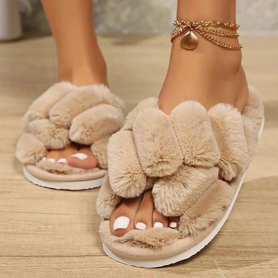 Fashion Cross Strap Fluffy Slippers Women Winter Home Peep T