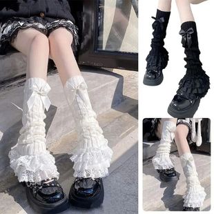 Women Knitted Leg Warmer Bow Tiered Ruffled Socks Girl Lace
