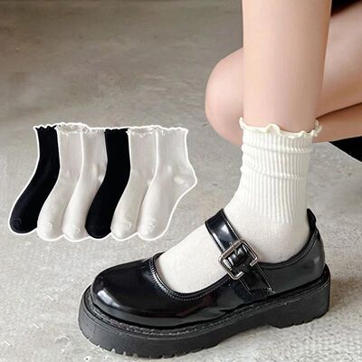 Women Girls Loose Pile Cute Ruffle Socks Black White Beige C