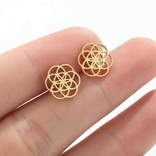 Tiny Circle Earrings Stainless Steel Flower Seed of Life Stu