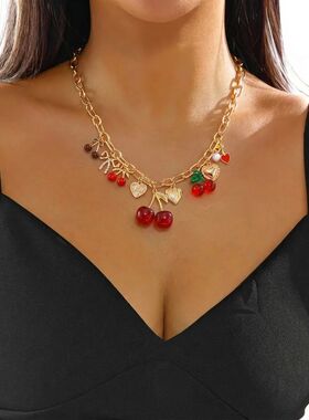 Romantic Red Cherry Heart Charm Necklace for Women Gold Colo