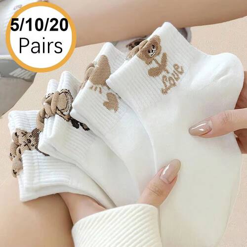 5/10/20 Pairs Women Cartoon Teddy Bear Patterned Ankle Socks