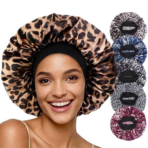 Leopard Print Satin Bonnet Sleeping Cap Shower Edge Wrap Cov