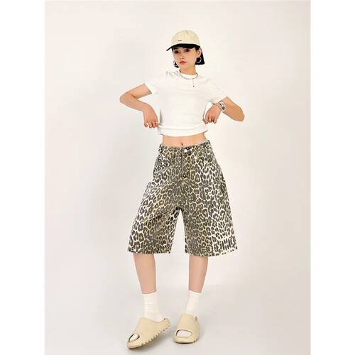 Women's Shorts Jeans Leopard High Waist Straight Pants Stree