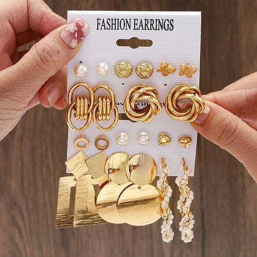 Punk Geometry Metal Pendant Drop EarringsImitation Pearl Twi