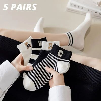 5 Pairs Women's Ankle Polyester Socks Cute Little Bear Lette