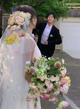 仿真鲜花头纱多巴胺花瓣新娘结婚复古发饰户外森系影楼拍照配饰品