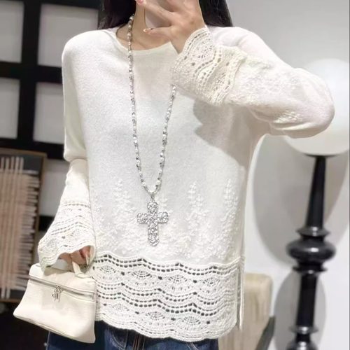 100%山羊绒毛衣欧洲站2025秋季新款时尚气质勾花镂空圆领针织衫女