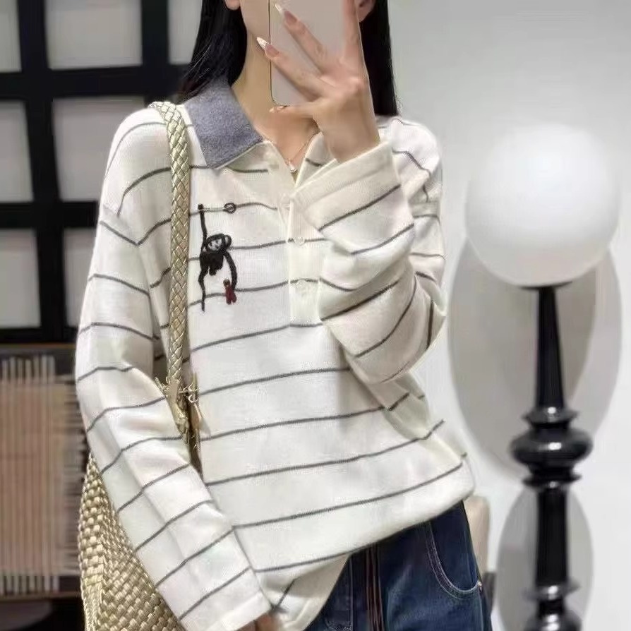 100%山羊绒毛衣欧洲站2025秋季新款猴子刺绣条纹POLO领针织衫女潮