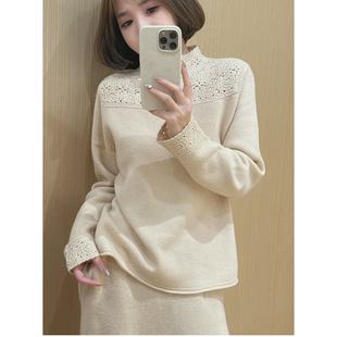 勾花镂空刺绣立领针织衫 时尚 女 新款 100%山羊绒毛衣欧洲站2025冬装
