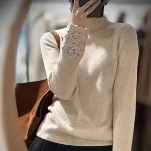 口勾花立领针织衫 100%山羊绒毛衣欧洲站2025秋季 袖 欧货时尚 女 新款